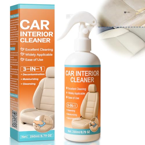 Car Interior Cleaner Spray, 260ml Car Seat Cleaner, Multi-Surface Interior Car Cleaner Removes Stains, Odors and Dust on Dashboard, Leather, Plastic & Fabric, No-rinse Formula Dashboard Cleaner