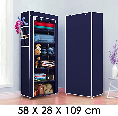 Image of COROID Digital Printed Multipurpose 6 Shelve Wardrobe,Foldable,Collapsible Fabric Wardrobe Organizer for Clothes Drawers Portable Wardrobe Clothing Space Saving Wardrobe (6-Layer, NavyBlue)