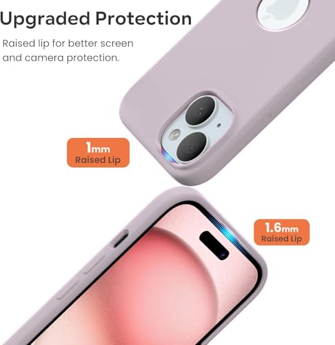 Image of Elzzi Microfiber Logo Cut Cover Compatible for iPhone 15 Case Liquid Silicone Case Non-Slip Full Body 4 Layer Protective Covers Shockproof Back Cover (Light Lilac)
