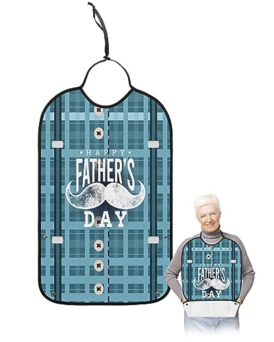 LEOKOTI Happy Father's Day Adult Bibs for Eating, Waterproof Bibs with Food Catcher & Adjustable Snap Closure, Blue Checkered Beard Washable Clothing Protectors Adult Bibs for Elderly Women/Men