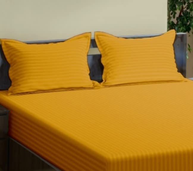 Image of Trance Home Linen 200 TC Pure 100% Cotton Bedsheet Set of 4pcs-(1 King Size Fitted Sheet + 1 King Size Flat Sheet and 2 Pillow Covers,Mustard Yellow)