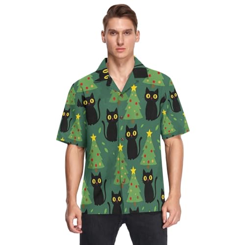 Chemise hawaïenne à manches courtes pour homme motif chat noir arbre de Noël