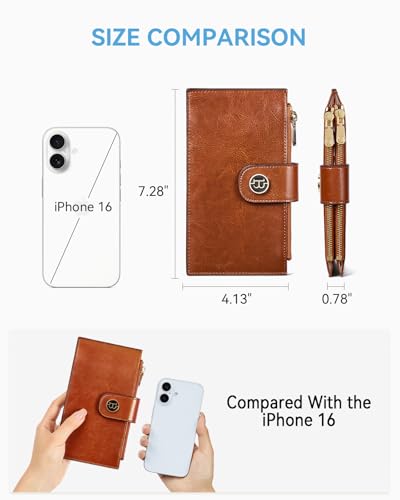 BOSTANTEN Genuine Leather Wallets for Women RFID Blocking Slim Bofild Purse Card Holder with Zipper Pocket, 1-Brown, Medium 7.08" x 3.93" x 0.39"