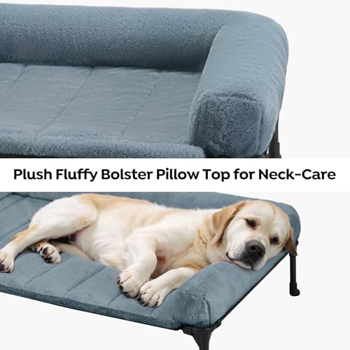 Veehoo Cooling Elevated Dog Bed with Fluffy Plush Bolster Cushion, Indoor Raised Dog Beds for Large Dogs, Soft Pet Sofa Cot with Removable Washable Mat, No-Slip Feet, 32 x 25 inches, Haze Blue - Image 3