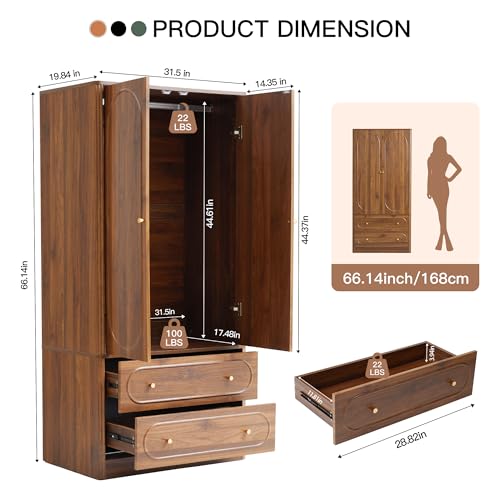 Fluted Freestanding Armoire Wardrobe Closet with 2 Doors and 2 Storage Drawers, Large Capacity Wardrobe Cabinet, Wooden Closet for Bedroom, Living Room - Walnut - Image 3
