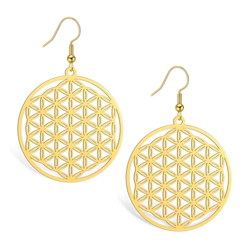 Amaxer Flower of Life Dangle Drop Earrings for Women Seed of Life Hollowed Out Pendant Charm Jewelry