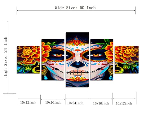Sugar Skull Girl's Face Canvas Paintings Wall Art Day Of The Dead Dia De Los Muertos Artwork Modern Home Decor Saints Day Halloween Wall Art Set Of 5 Wooden Framed Ready To Hang-50 Inch X 24 Inch #TOP4