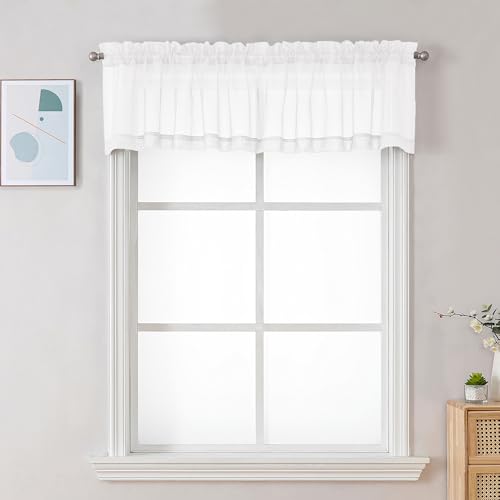 Image of Chyhomenyc Sheer Valances for Windows, Light Filtering Small Window Curtains for Living Room Bathroom Cafe Laundry Basement, Modern Top Dual Rod Pocket Voile Curtain, 59Wx14L inches, White, 2 Pieces