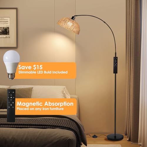 Arc Floor Lamp for Living Room,Black Standing Rattan Floor Lamp with Remote Control Dimmable,71\" Tall Boho Farmhouse Adjustable Over Couch Lamp for Bedroom Office - Thumbnail 4