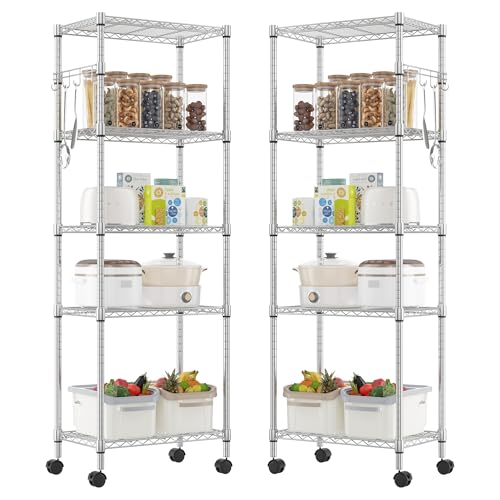 Himimi Regal mit Rollen, 2 pcs, Metallregal auf Rollen Verchromt, Höhenverstellbar Drahtregal Stehend Lagerregal mit 5 Regalböden, Standregal Rollregal für Küche Badezimmer, 35Tx59Bx183H cm, Silber
