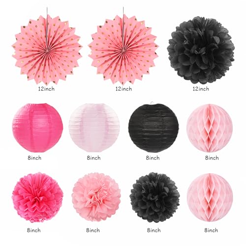 Image of Hot-Pink Black Girls-Women Birthday Party-Decorations - 21pcs Baby Happy Banner, Paper Streamers Lanterns,Tissue Pom Poms Fan,Backdrop Decor Huglony