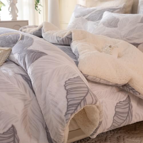 Image of Tufted Fleece Comforter Set Queen- Super Soft Warm Fluffy Shaggy Bedding Sets, Leaves Jacquard Bed Set for Winter, 1 Sherpa Comforter with 2 Pillow Cases (90 inchX90 inch Grey Leaf)