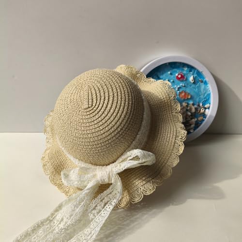 Girls Straw Sun Hat with Wide Brim and Lacinging Bow for Summer Beach Outdoor Play4