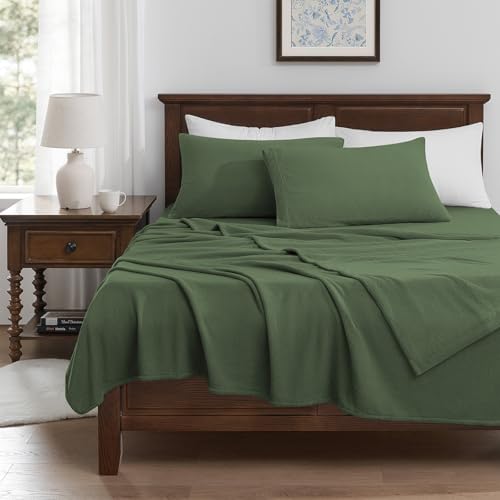 Petrichor Flannel Fleece Queen Size Sheet Set Green – Ultra Soft Anti-Static Plush Bedding, 4 Piece (1 Fitted Sheet 80"×60"×16",1 Flat Sheet 102"×90",2 Pillowcases 30"×20")