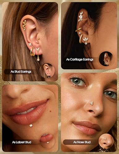 Florideco 20G 18G Threadless Flat Back Earrings Hypoallergenic Push in Stud Earrings 14K Gold Plated 316L Surgical Steel Stud Hoop Earring Sets Cartilage Helix Conch Tragus Nose Piercing Jewelry 12PCS4