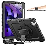 Timecity Case for iPad Air 5th Generation 2022/ for iPad Air 4th Generation 2020-10.9 inch, Durable Sturdy Protection Case with Pencil Holder Screen Protector [360 Rotating Stand] Hand Strap- Black