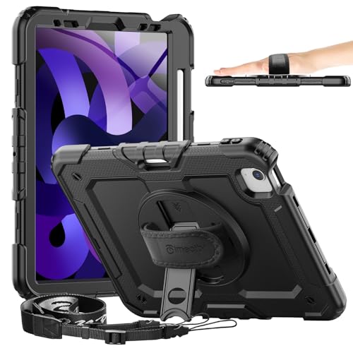 Timecity Case for iPad Air 5th Generation 2022/ for iPad Air 4th Generation 2020-10.9 inch, Durable Sturdy Protection Case with Pencil Holder Screen Protector [360 Rotating Stand] Hand Strap- Black