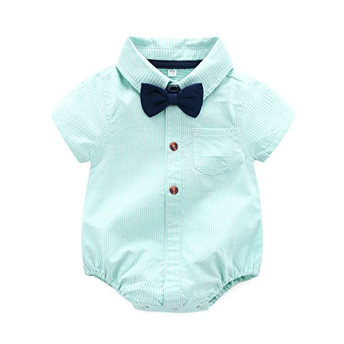 Tem Doger Baby Boys Casual Suit Cotton Short Sleeve Striped Button Down Bowtie Shirt Short Pant Clothes Set Outfit (80/12-18 Months) Green #TOP1