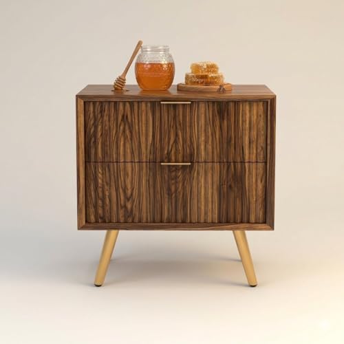 Image of Wooden Bedside Table for Bedroom | HDMR Nightstand with 2 Drawers | Storage Side Table with HDMR Premium Wood Legs for Living Room Hotels | Compact Lamp table Home Decor Furniture | Honey Finish