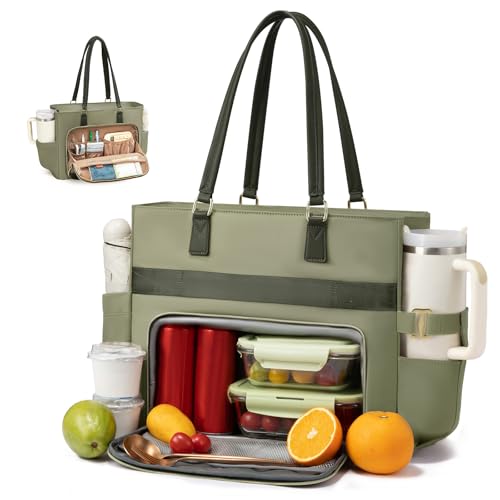 LOVEVOOK Lunch Tote Bag for Women, Work bag with Insulated Lunch Compartment, 15.6 Inch Laptop bag with Cup Holder Large Lunch Bag Purse for Teacher, Nurse, Office, Travel, College, Daily