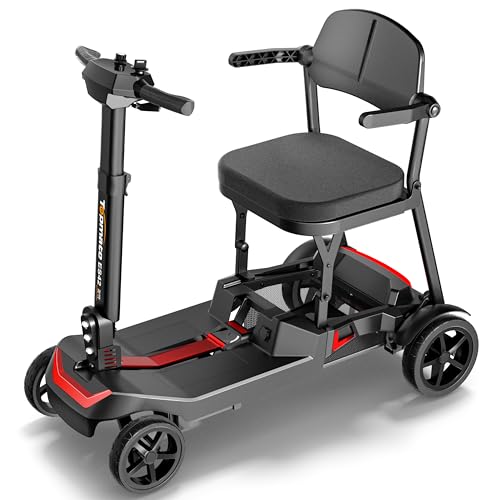 Scooter de Movilidad Ultracompacto de Doble Batería para Adultos y Personas Mayores, TopMate Scooter Eléctrico de Viaje con 4 Ruedas Ligero Plegable Aprobado para Aerolíneas, Sin Ensamblaje-Negro Rojo