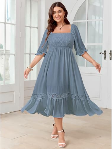 Image of SCOMCHIC Women's Plus Size Boho Maxi Dress Short Sleeve Square Neck Smocked Flowy A-Line Lace Trim Wedding Guest Dresses