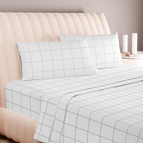 Carressa Linen 600 Series Printed Queen Sheets Set, Cool Sateen, White Chex