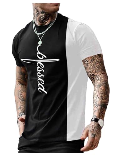 SOLY HUX - SOLY HUX Men's Color Block Letter Graphic Tops Short Sleeve T Shirt Summer Tee Top Black and White Large