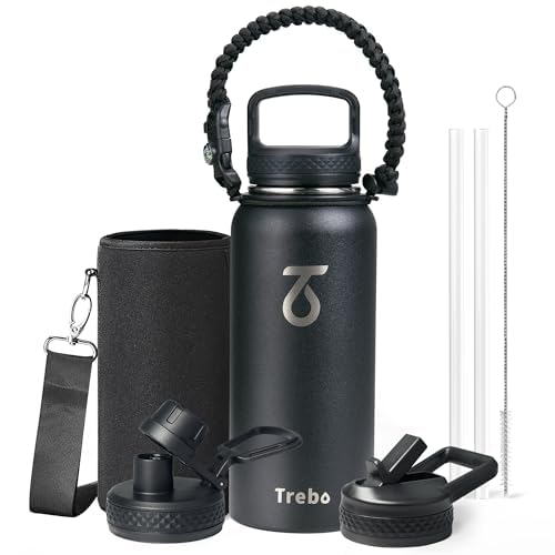 Trebo Insulated 1 L Stainless Steel Water Bottle with Straw - Wide Mouth, Double Wall Sports Bottle Keeps Cold for 48 Hours - Includes 3 Lids, Black