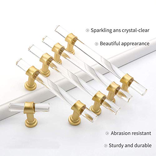 Peaha Acrylic Drawer Pulls Kitchen Cabinet Handle Gold Dresser Drawer Pull Brushed Brass Cabinet Hardware T Bar Cabinet Pulls, 3in Hole Center, 5 Inch Overall Length, 10 Pack by Peaha - Image 4