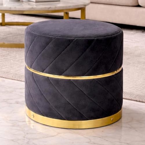 Image of Premium Velvet Puffy Ottoman Stool for Living Room | Round Footrest with Diagonal Channel Stitching & Gold Metal Base | Luxury Pouffe for Bedroom & Dressing Area (Black)