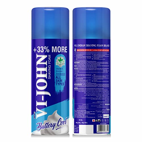 Image of VI- JOHN Shaving Foam For Men, All Skin Type Shaving Foam With Goodness of Nature, Tea Tree Oil, Vitamin E Enriched and Anti- Bacterial Formula (400gm Each- Pack of 2)