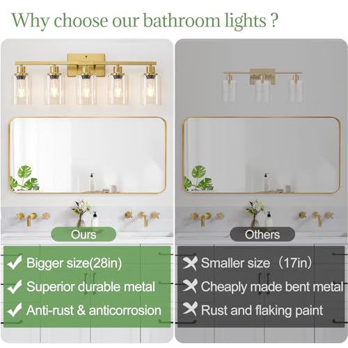 Image of MOKATNG 5-Light Bathroom Light Fixtures, Vanity Light with Clear Glass Shades, Brushed Gold Bathroom Light Fixtures Over Mirror, Modern Bathroom Wall Lamp for Mirror Living Room Cabinet Bedroom