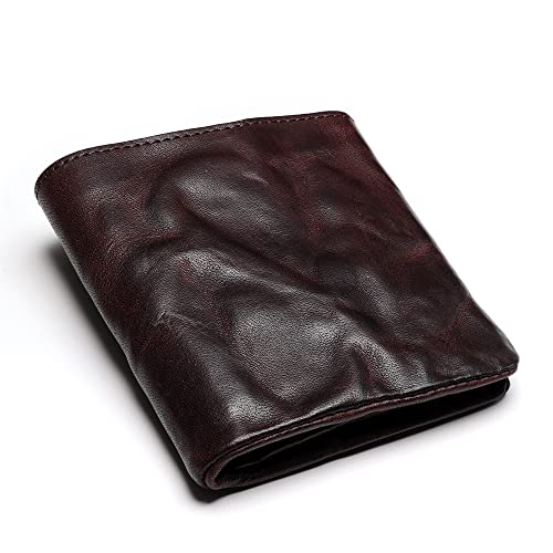 IJUN Handmade Vintage Small Bifold Wallet for Men - Full Grain Oil Vegetable Tanned Cowhide Leather (Chocolate)