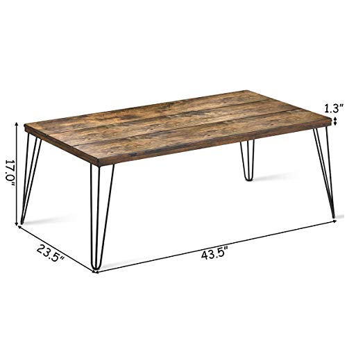 Giantex Rustic Coffee Table W/Wooden Top & Metal Hairpin Legs, 44" Large Rectangle Sofa Table W/Spray Paint, Industrial Style, Boho Wooden Table For Living Room, Reception Room, Home Office (Walnut) #TOP5