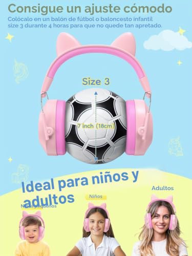 Miniatura 5 de Dr.Meter Cascos Antiruido Niños, Cascos Insonorizados Protectores De Oído Para Niños Snr 32 Protectores Auditivos Cascos Ruido Orejeras Antiruido Con Almohadillas Suaves Verde Rosa