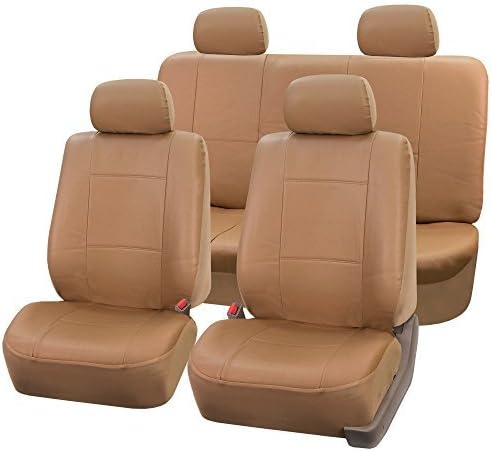PU001114 Juego completo de fundas de asiento de cuero PU (bronceado) - Ajuste universal para automóviles, camionetas y SUV