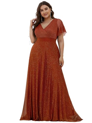Image of Ever-Pretty Plus Women's Glitter Formal Dress Evening Gown for Gala V-Neck Short Sleeve Floor Length Plus Size Prom Dresses
