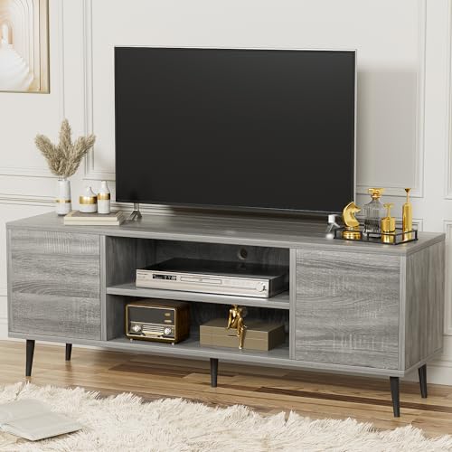 YESHOMY Modern TV Stand for 65' Television, Entertainment Center with Two Storage Cabinets, Retro Style Media Console for Living Room, Bedroom, Office, 58 Inch, Light Gray