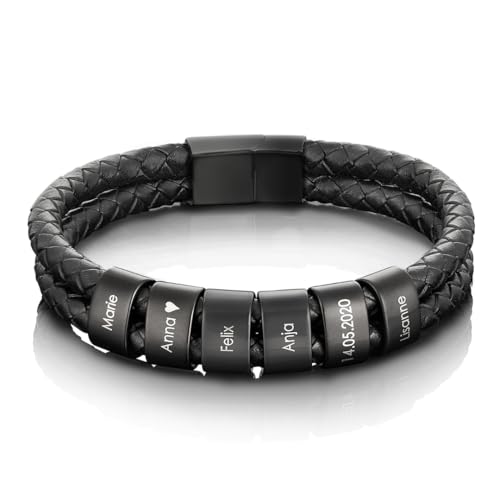 Bracelet en cuir à perles noires gravées accessoire homme look urbain