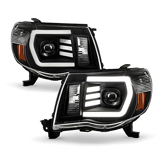 AKKON - Fits 2005-2011 Toyota Tacoma Pickup TRD [LED C-Light Bar] Projector Black Headlights Pair Driver Left+Passenger Right