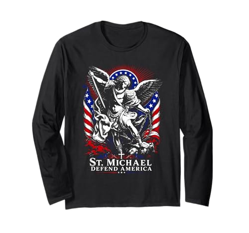St. Michael Defend America Archangel Patriot USA Flag Long Sleeve T-Shirt