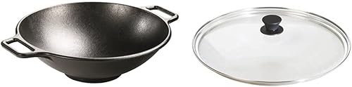 Lodge BOLD Wok de hierro fundido sazonado de 14 pulgadas Design-Forward Cookware & Manufacturing Company GL15 Tapa de vidrio templado, 15 pulgadas,
