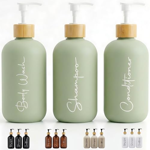 Imagen de FCINNOVA Dispensador Jabon Baño Verde Matcha 500ml Set de 3 Botes para Gel y Champu Acondicionador Embudo para Rellenado Este Dosificador Jabon Baño es Elegante practico y mantendra su Ducha ordenada