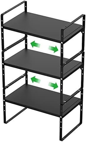 WEJIPP Cabinet Organizer Shelf Expandable Spice Rack Stackable Storage Shelves for Kitchen Pantry Counter Bathroom Home Office,3 Packs,8.07" D,Black