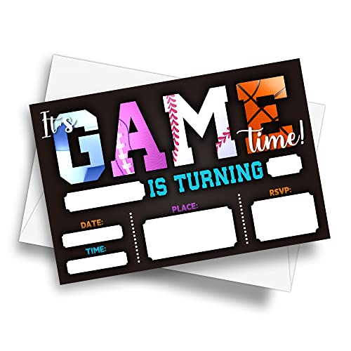 Detiho 4" X 6" Sports Theme Birthday Party Invitation Cards With Envelopes - It's Game Time - Basketball Football Soccer All Star Sports Invitation - 20 Sets - E03 #TOP1