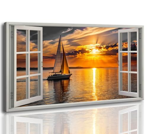 Nautical Wall Art - Large Beach Pictures Sailboat Wall Art Canvas Prints Seascape Living Room Wall Decor Coastal Wall Art Ocean Sunset Themed Wall Art Landscape Bedroom Decoration Stretched 30x60inch by VAGAOA - Used condition - US$38.52