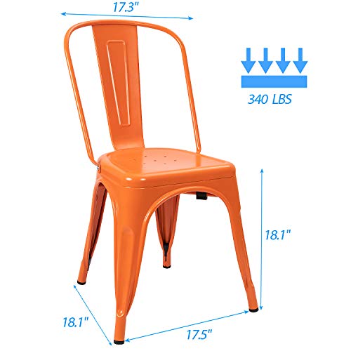 Image of Devoko Metal Indoor-Outdoor Chairs Distressed Style Kitchen Dining Chairs Stackable Side Chair with Back Set of 4 (Orange)