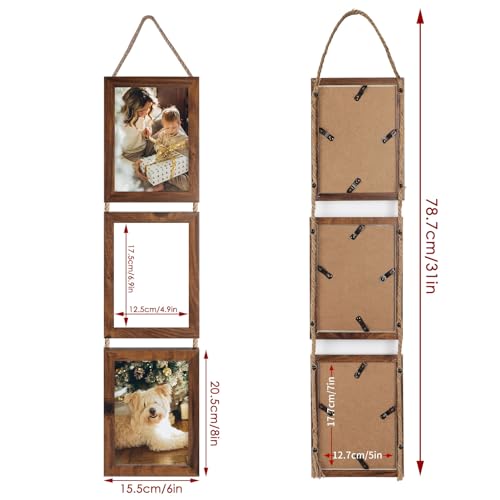 QUTREY 5x7 Collage Picture Frames, 6 Openings Hanging Photo Frame Set Display Vertical 5 by 7 inch Pictures for Wall Decor, Rustic Walnut Brown, 2 Pack