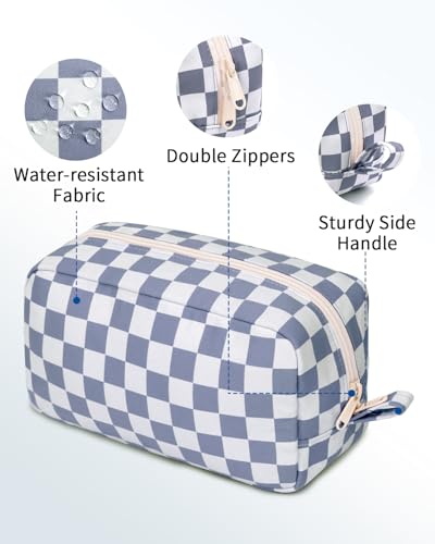 Image of Narwey Checkered Makeup Bag Travel Cosmetic Bag Organizer Small Toiletry Bag Make Up Bags with Organzied Pockets for Women (Grayish Blue Checkerboard, Large)